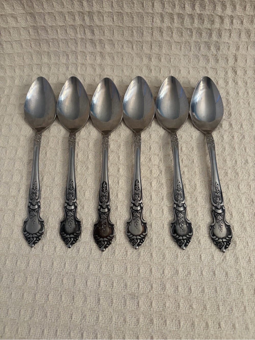 Vintage National Stainless Rose & Leaf Pattern Large Spoons (Set of 6) Japan